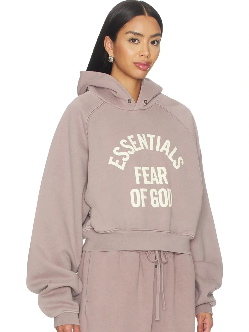Fear of God Essentials Women's Mauve Crop Hoodie with Cream Logo